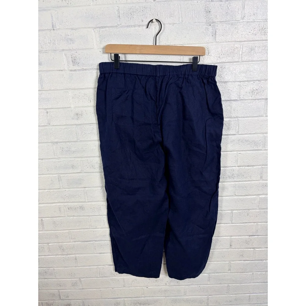 Quince 100% European Linen Pants Women L Deep Navy Blue Elastic Waist Pockets